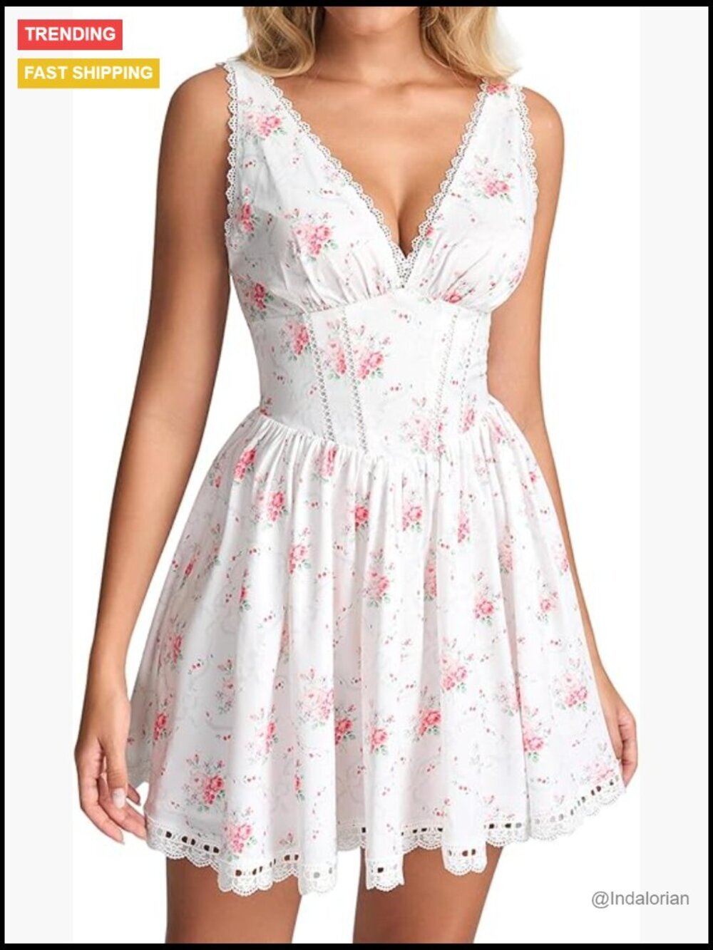 Floral V-Neck Lace Up Corset Mini Dress Sheath Sleeveless High Stretch